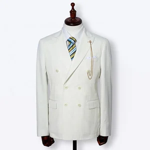 Italian Designer Men's White Woolen Summer Suit Blazer Fashionable Double-Breasted with Button Decoration Thin Thickness Coat
