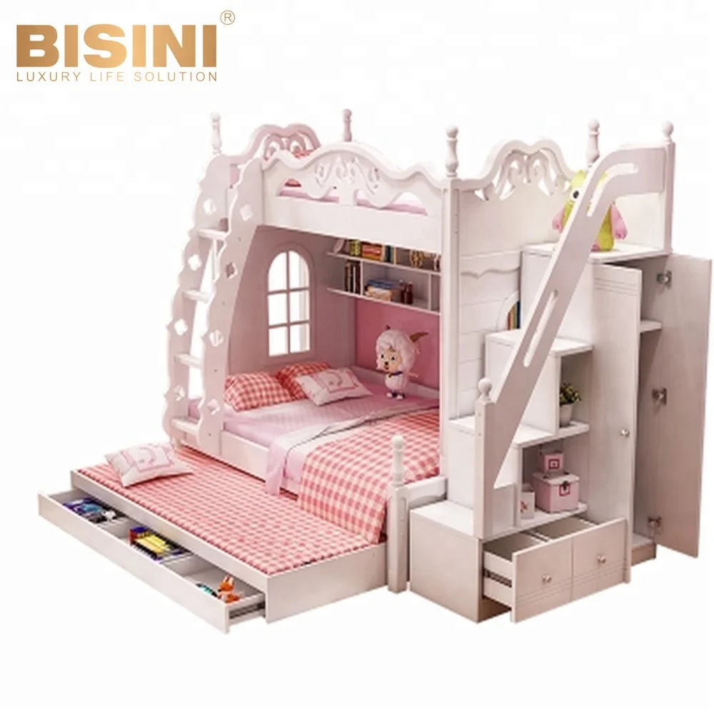 Bisini Wooden Kids Bunk Bed With Wardrobe Stairs,Children Bunk Bed 