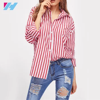 Yihao wholesale women fashion stripe shirt ladies long sleeve turndown collar casual red stripe shirt blouse