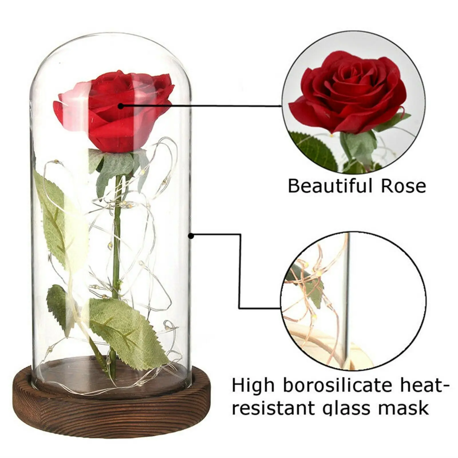 Romantic Valentine Gift Decor Glass Rose Bottle with Warm White LED String Light Night Lamp