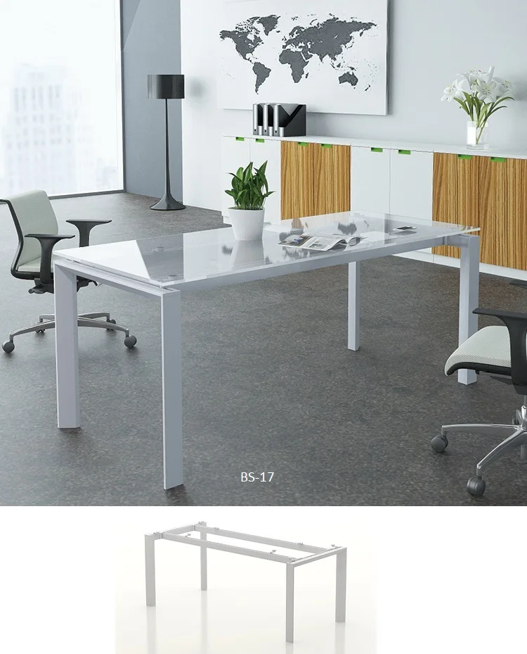 Office Modular Rectangular Tempered Glass Conference Meeting Room Table with Metal Leg