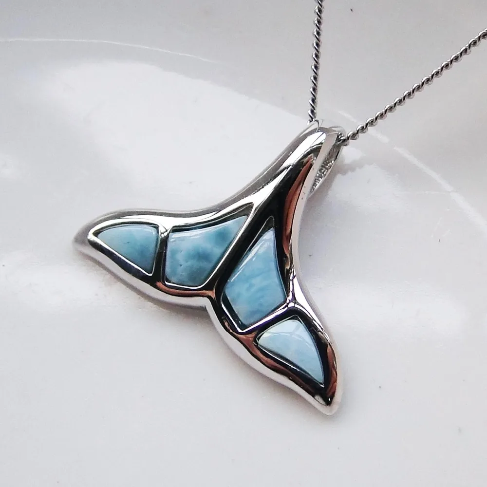 925 纯银鲸鱼尾巴吊坠蓝色拉里玛石首饰