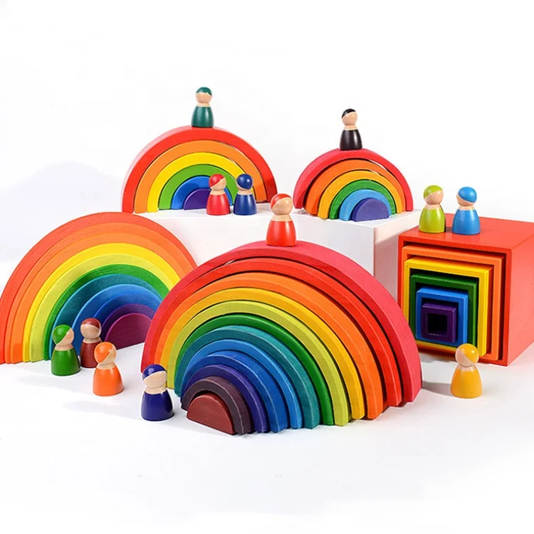 Large 12Pcs Montessori Educational Rainbow Stacker Wooden Toys baby wooden toy set