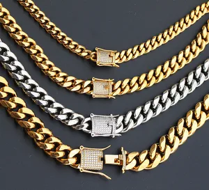 Best Quality Custom Logo 8mm Miami Cuban Link Chain Necklace 14k 18k Gold Plated Stainless Steel Claw Setting for Anniversary