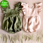 free ship 2019 summer fly sleeved Baby Linen cotton Girls Jumpsuit rompers green pink bodysuits