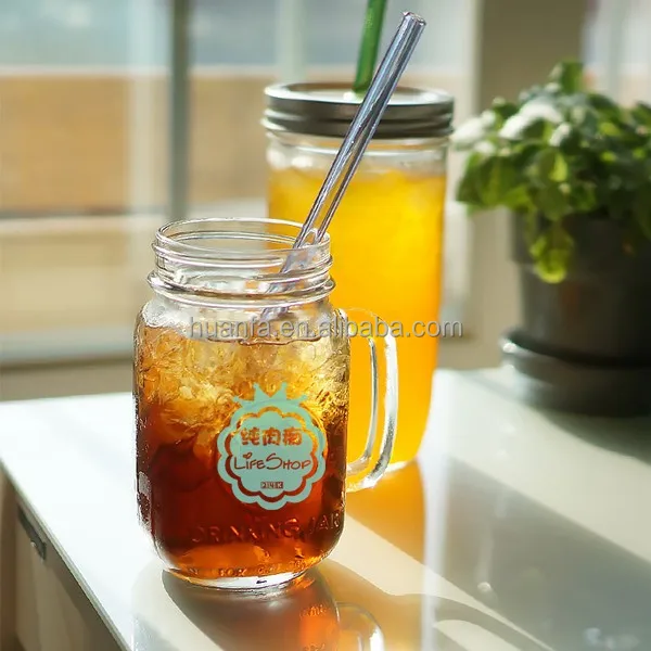 16oz square mason glass jar mug with handle and straw for Juice Tea Milk  factory and manufacturers