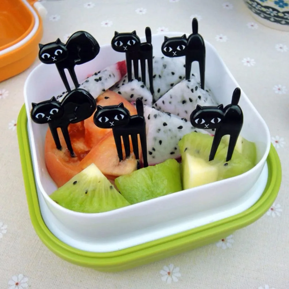 
6Pcs Mini Animal Fork Fruit Picks Cute Cartoon Cat Children Fork Bento Lunch Box Decor Accessories Black Color 