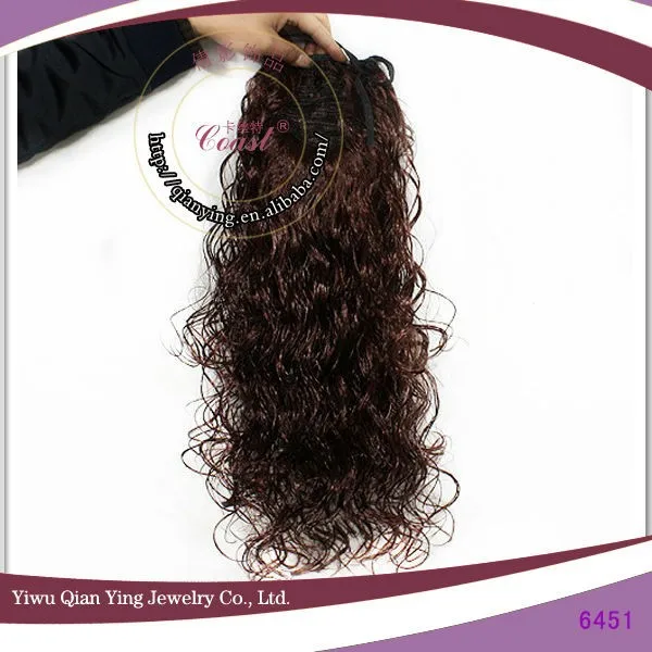 Популярные дешевые искусственные коричневые кудрявые синтетические волосы с хвостом, волнистые парики для наращивания