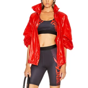 New Design Faux Leather  Red Vinyl Drop Shoulder Optional Hoodie  Casual Windbreaker Jacket Women