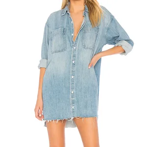 Hot Selling Women's Long Sleeve Button Front Pockets Oversized Denim Shirt Dress Casual Breathable Solid Dress