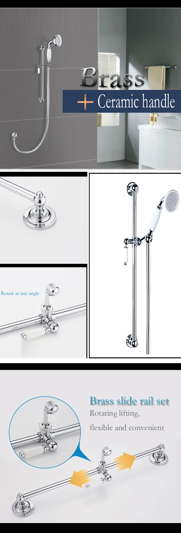 Brass Ceramic Lever Slide Rail Set with Handshower & 1.5m Flexible Hose details