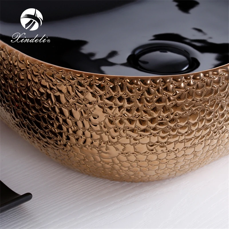 Crocodile Leather Rectangular Large Black Rose Gold Electroplate Art Countertop Sink Washing Basin for Bathroom