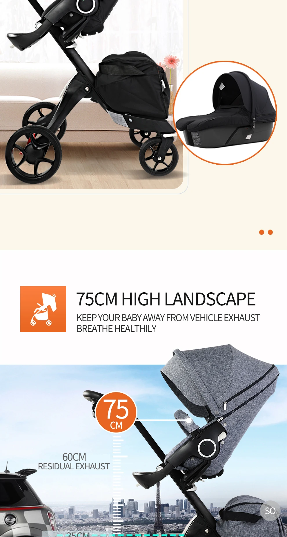 3 in 1 Foldable High Landscape Bidirectional Push Luxury Big EVA wheels Baby Stroller