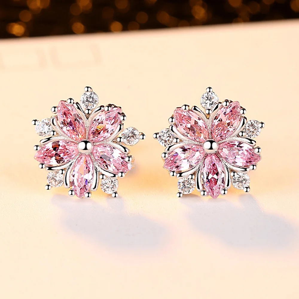 925 Sterling Silver Crystal Pink Flower Kids Girls Women Stud Earrings 