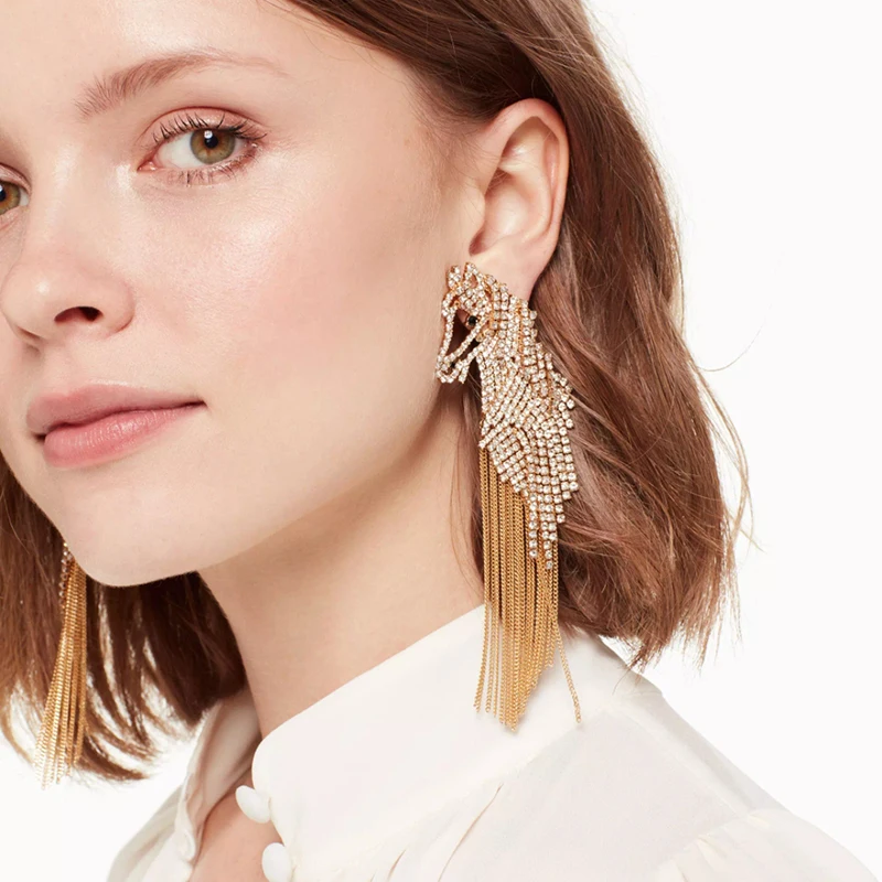 ZA European Creative Handmade Alloy Chain Tassel Horse Drop Long Bohemian Tassel Earrings for Women