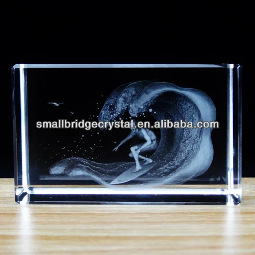 crystal cube with 3d laser engraving surfing sports