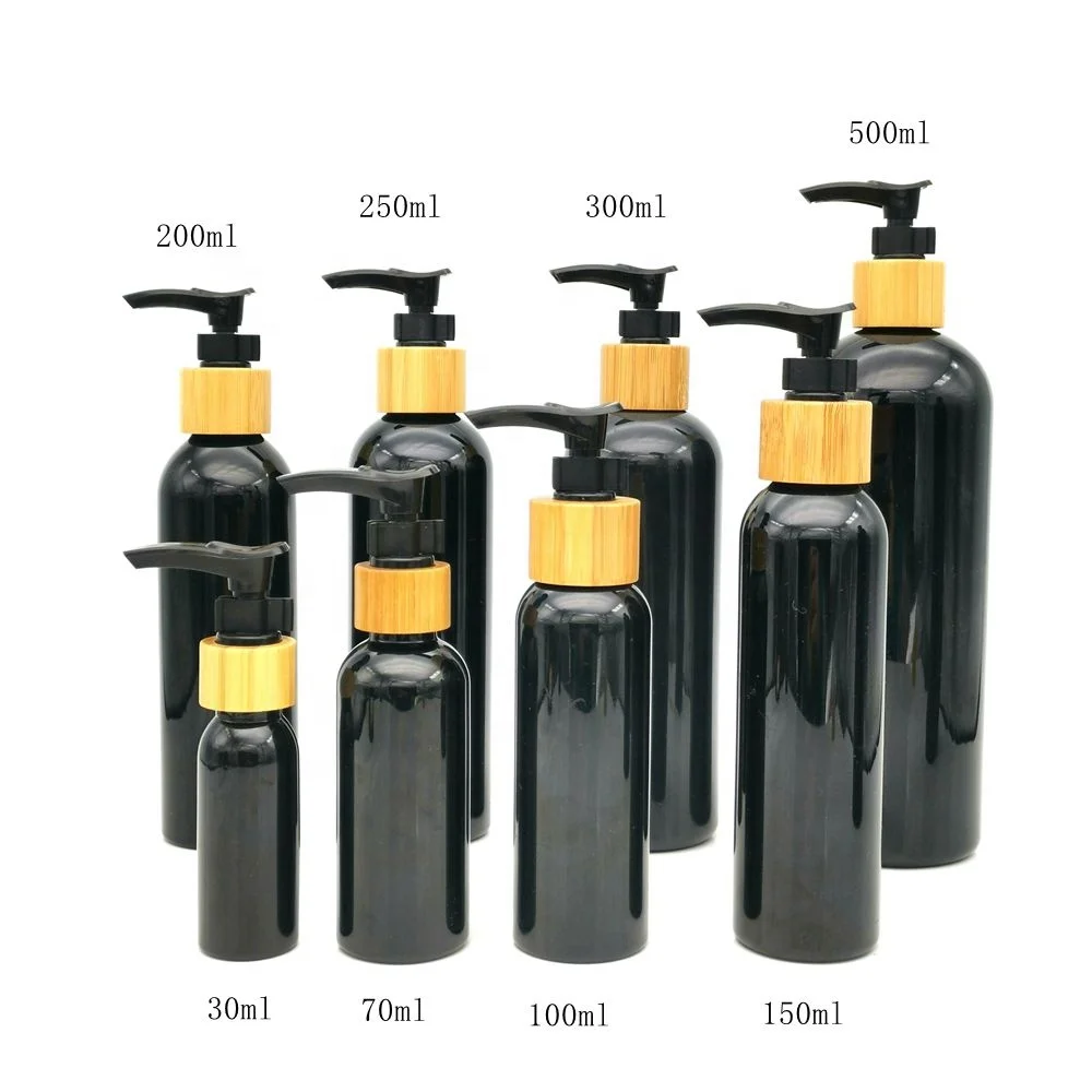 Empty Lotion Pump Bottles Bamboo Soap Dispenser Pump 300 ml Shampoo Bottle Black Plastic 300ml Pet Bottle