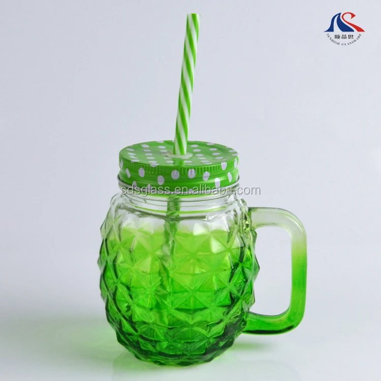 Pineapple-Shaped Mason Jar Mug Glasses with Handles, Straws & Lids