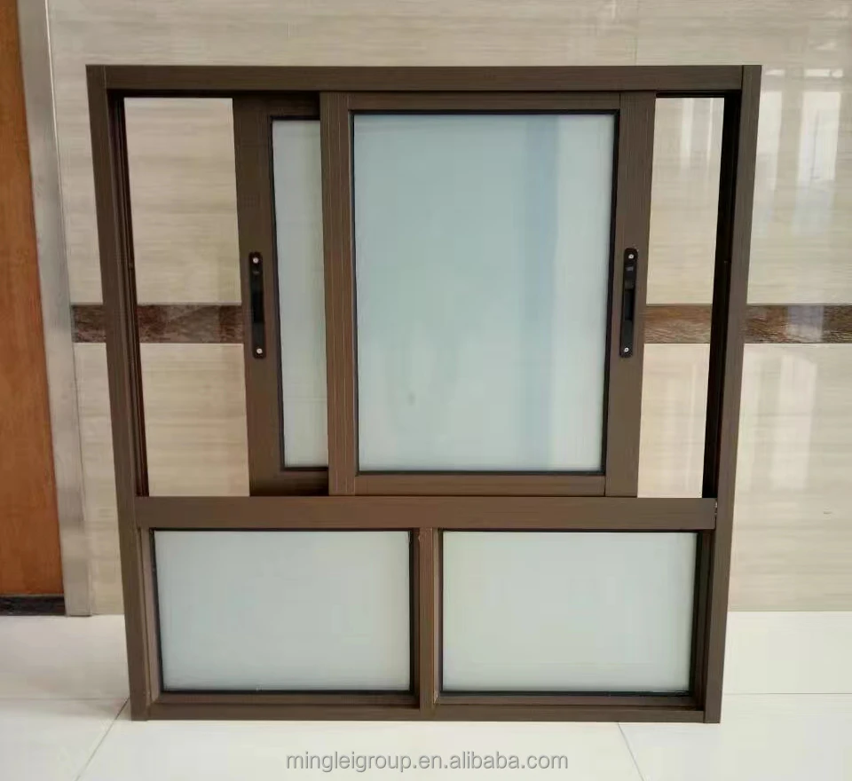 Minglei powder coating aluminium brown color sliding frosted glass bathroom window