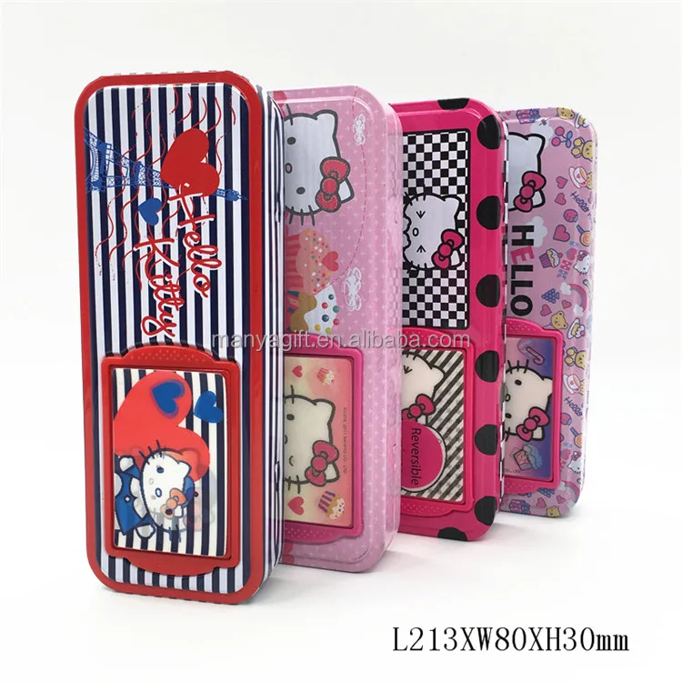 Высокое качество оптовая продажа недорогая жестяная коробка для карандашей hello kitty с обратным зеркалом