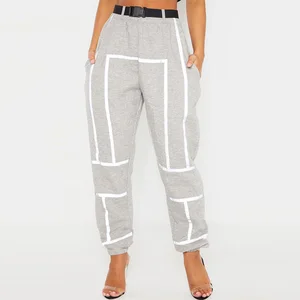 French Terry Belted  Elasctic Waist Reflective Tape Jogger Sport Causal Pants Women