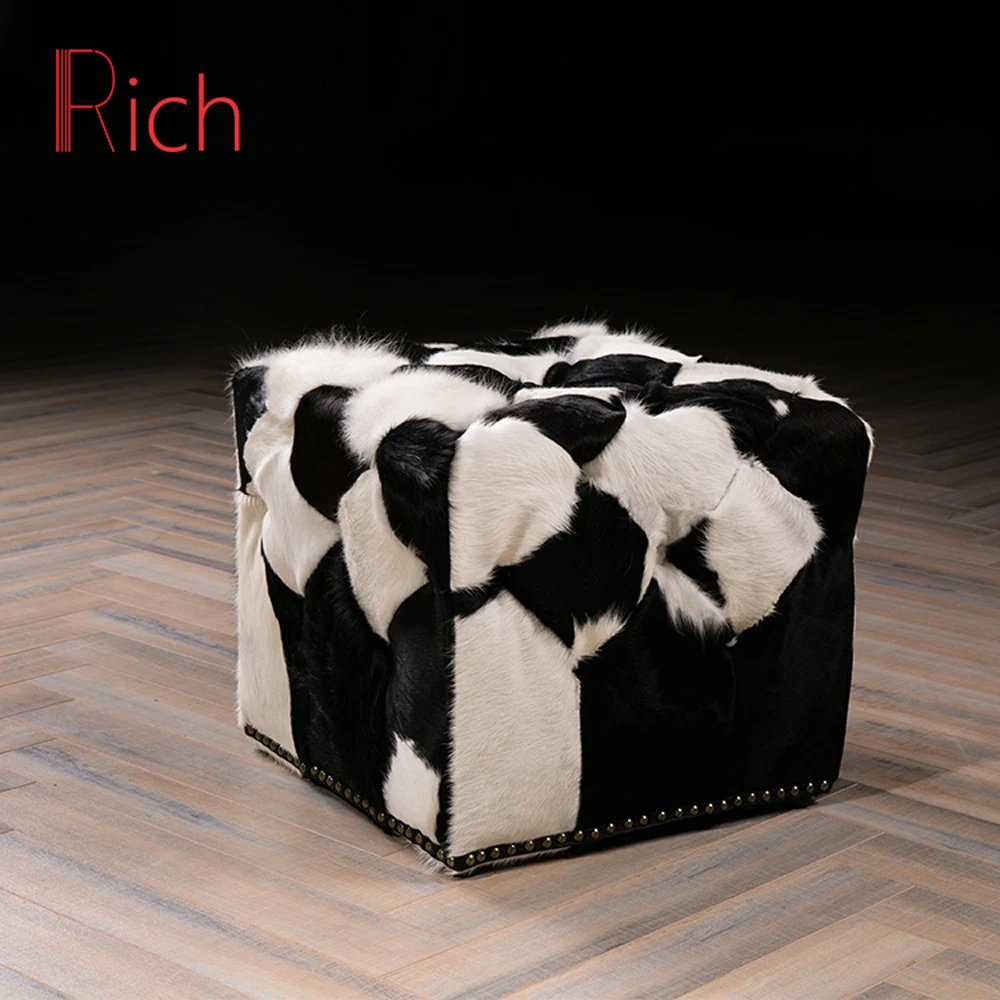 Cowhide Fur square Stool Cube Ottoman Cowhide Leather Stool Black and White Padded Fabric Overstuffed Footstool Ottoman