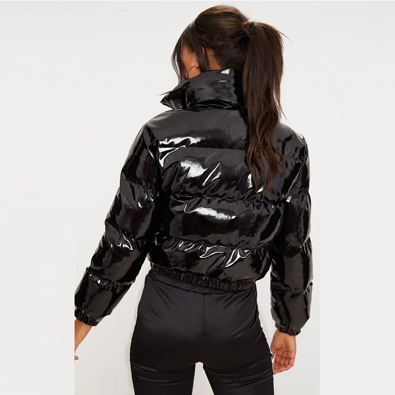 2019 Shiny Vinyl Cotton down Coat Cropped Puffer Jacket for Women