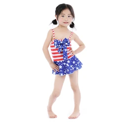 День независимости США новый стиль в красную и белую полоску, большие и маленькие звезды инкрустированный на голубом материале с бахромой детские купальники