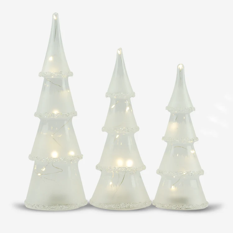 Set of 3 Holiday Table Centerpiece Christmas Tree Made In Glass Holiday Gift With White Glitter Tips manufacture