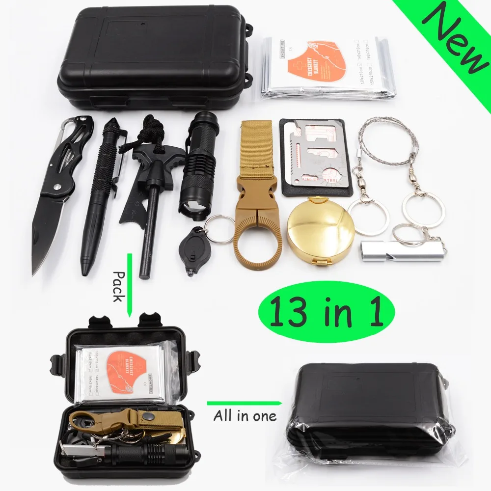 Survival Gear Kits 13 in 1 Outdoor Emergency SOS Survive Tool for Wilderness 