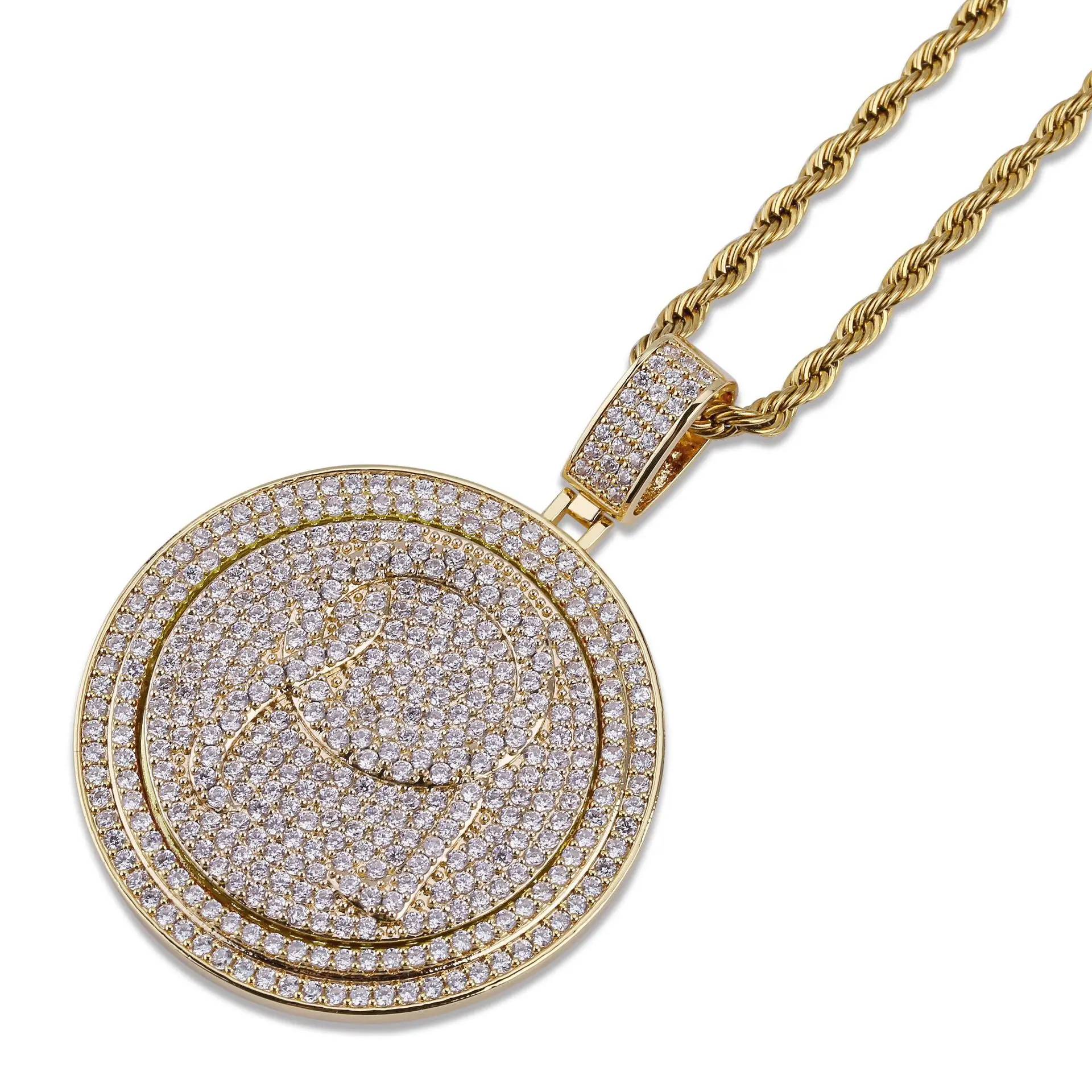 Rapper Migos QC Revolving Double Disc Zircon Coin Pendant Necklace