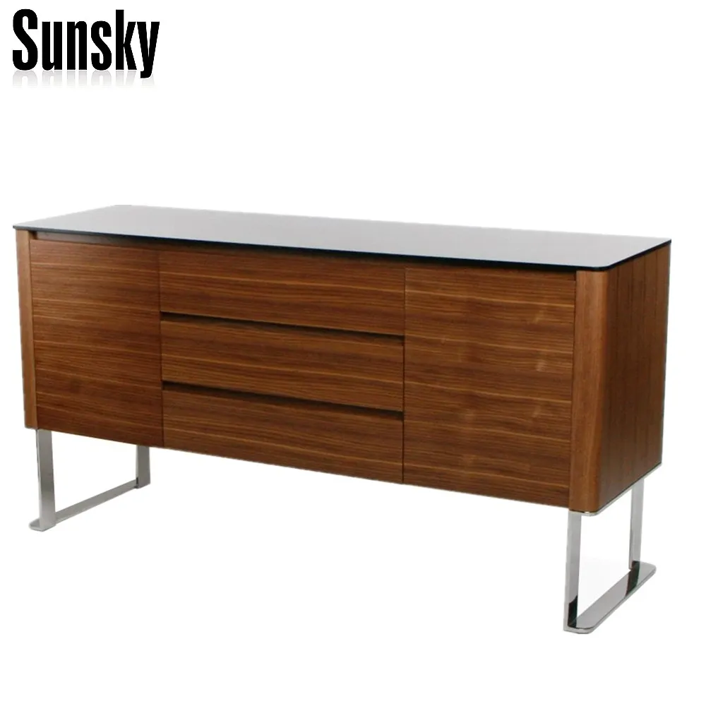 Walnut Veneer Buffet Sideboard Cabinet Stainless Steel Leg With Storage Drawers Glass Top Sk1712m Buy Veneer Buffet Glass Sideboard Cabinet Storage Cabinet Product On Alibaba Com