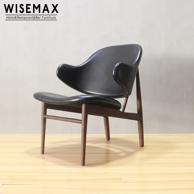 WISEMAX FURNITUREScandinavian Modern Leisure Dining Chair Ib Kofod Larsen Chair Wooden Lounge Chair Leather Seat Solid Wood Legs