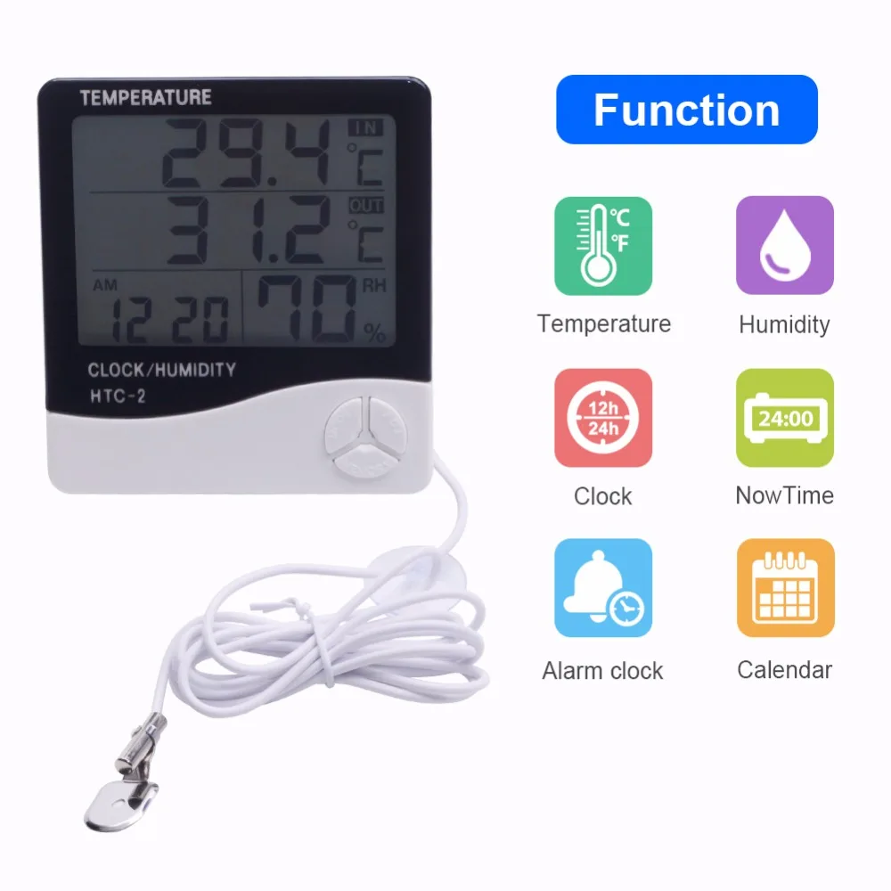 LCD Digital Thermometer Hygrometer Electronic Temperature Humidity Meter Indoor  Humidity Monitor 12/24H Alarm Clock Function