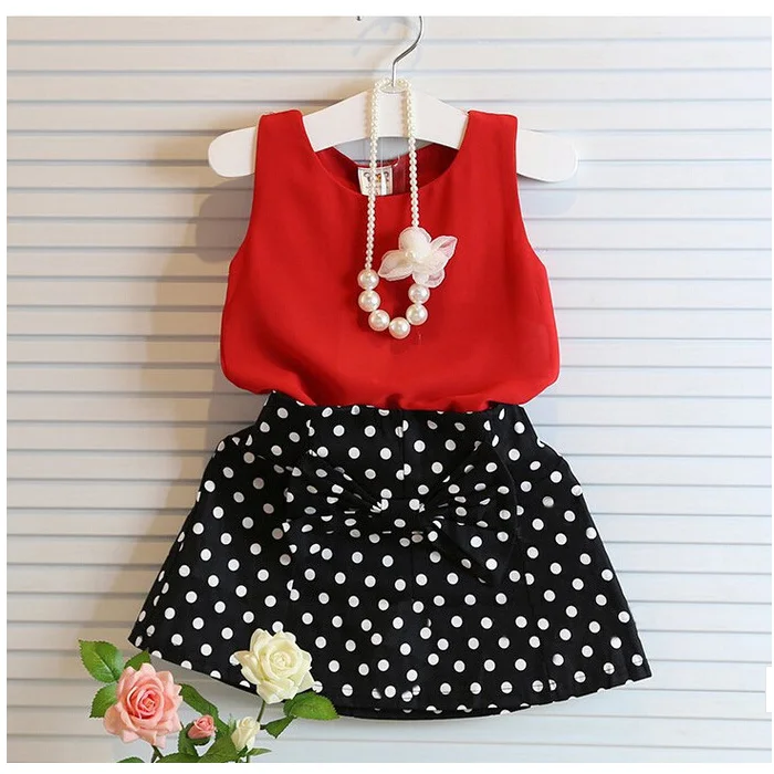 New Summer Girl Temperament Polka Dot Chiffon Blouse And Wave Point Skirt  Set - Buy Casual Clothing Set,For Kids,Sleeveless Product on 