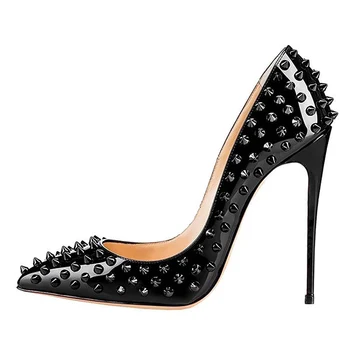 Customize 12cm 10cm 8 cm sexy black studded women pumps high heels shoes