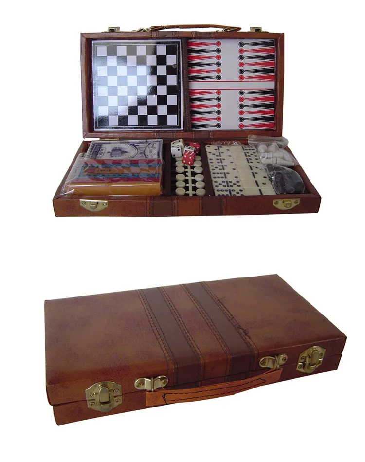 Deluxe Set NEW Chess Checkers & Backgammon Wood & Leather Travel Board Game 