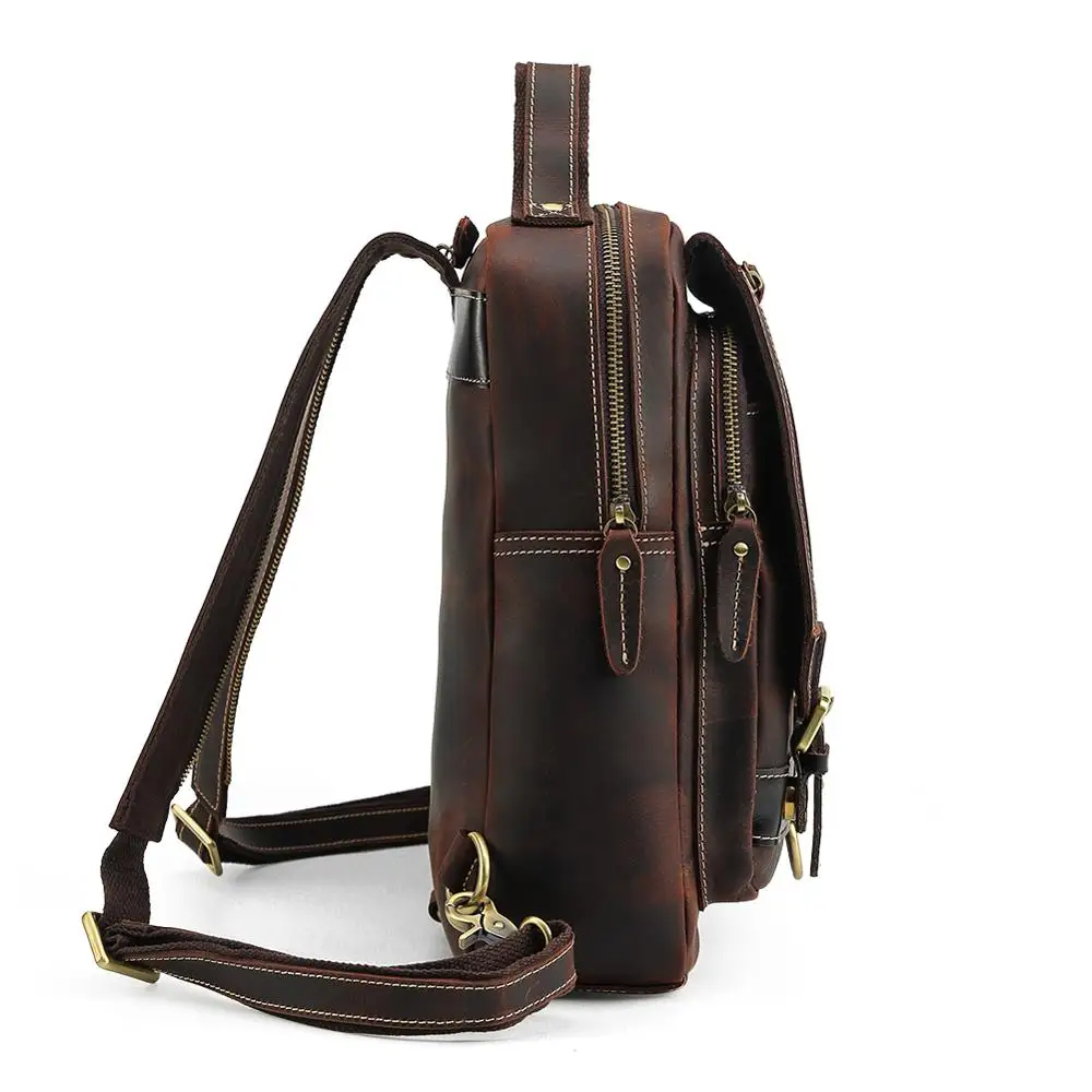 TIDING Small Sling Genuine Leather Chest Backpack Unisex Vintage Leather Back Pack