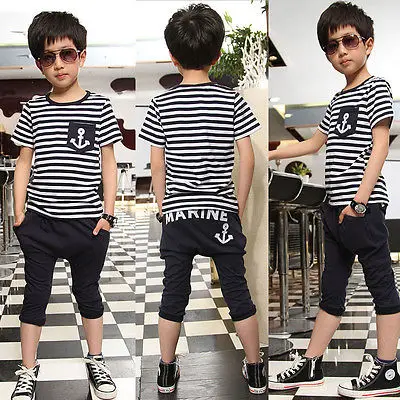 2015 Kids Boys Short Sleeve Navy Striped Tops Marine Half Pant 2Pcs Set Clothes