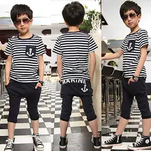 2015 Kids Boys Short Sleeve Navy Striped Tops Marine Half Pant 2Pcs Set Clothes