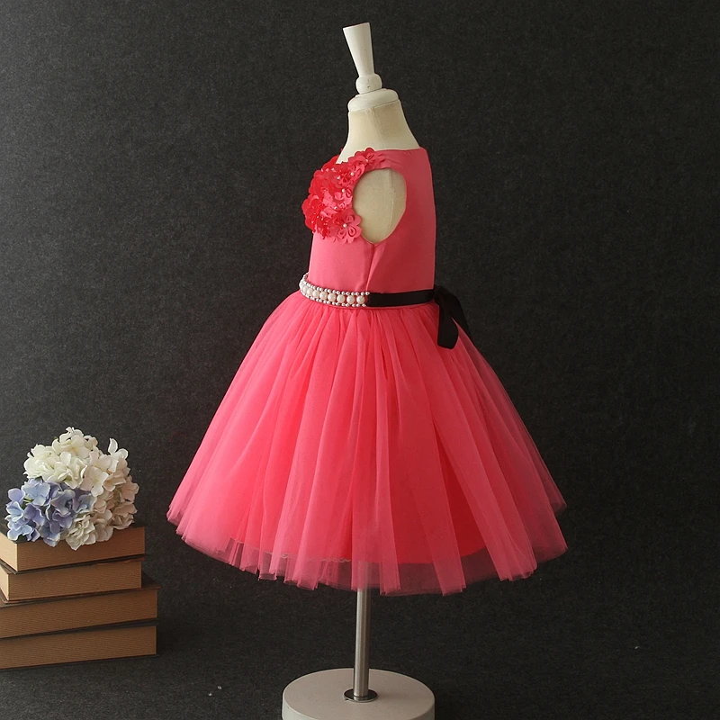 Latest Frock Design Rose Red Baptism Flower Dresses for Infant Girls of 7 Years Old