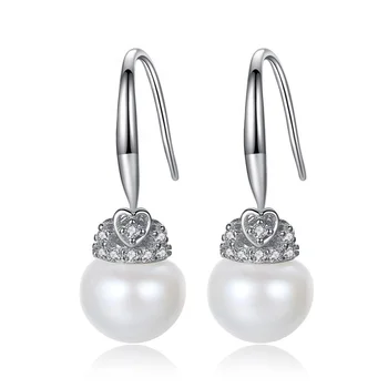 CZCITY New Fashion Genuine 925 Sterling Silver Pearl Earring CZ Crown Women Fish Hook Drop Earrings