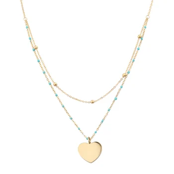 Delicate Small Beaded Gold Heart Pendant Layered Choker Rosary necklace