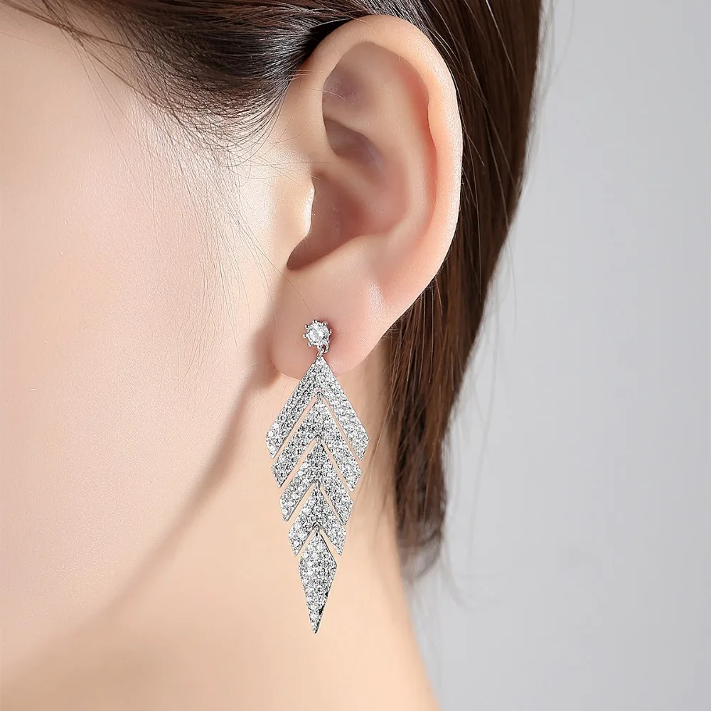 LUOTEEMI New Clear Cubic Zirconia Beautiful Geometric Brinco Summer Fashion Wedding Jewelry Long Drop Earrings for Bridal