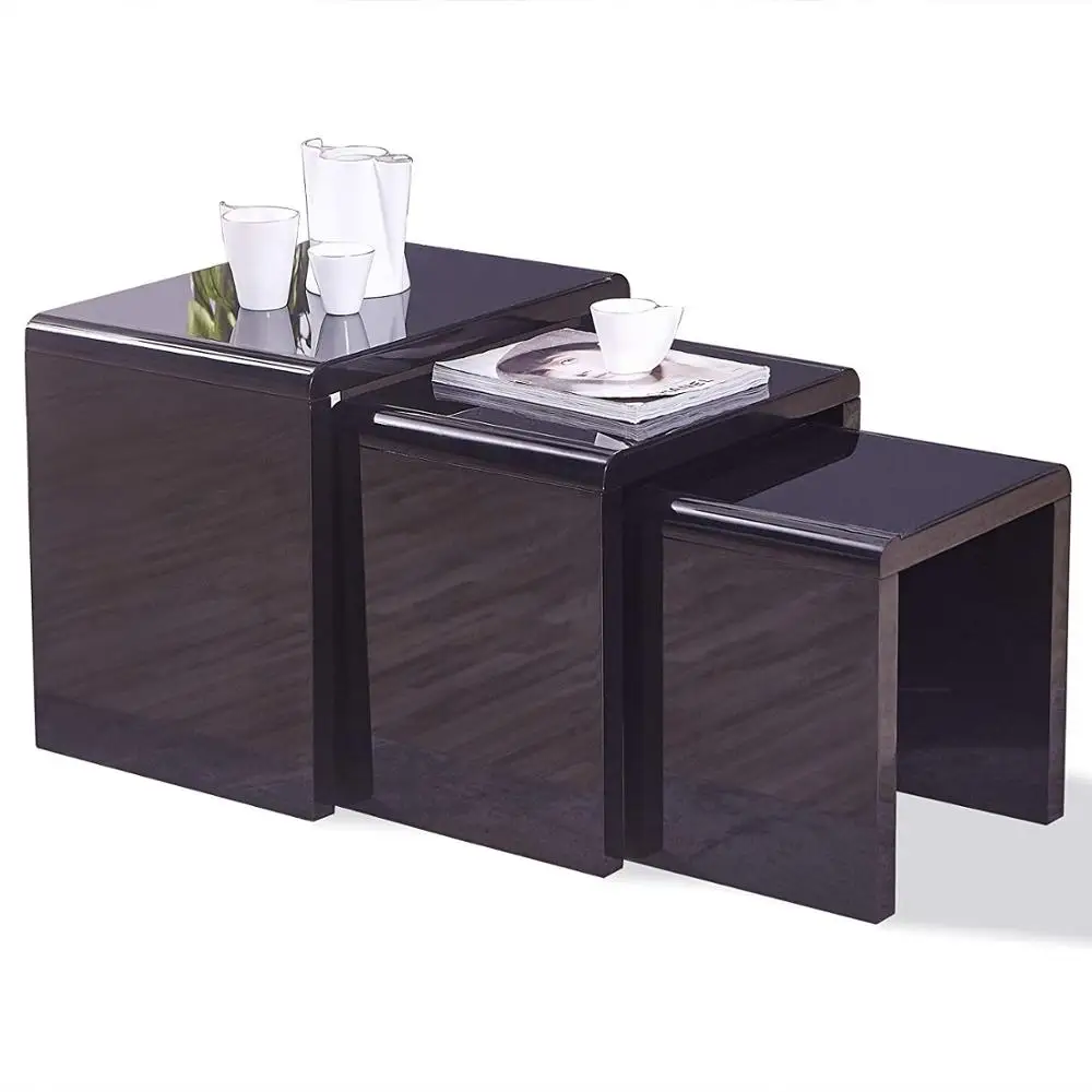 Black Panana 3 Nest Table Set High Gloss Coffee Table Glass Nesting Tables Living Room End Sides Tables