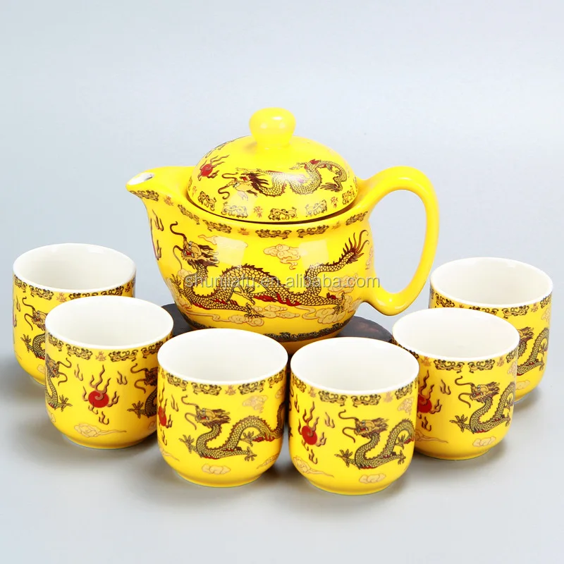 Golden Dragon Red Glaze Ceramic Teapot and Ceramic Cups Assemblage Ceramic Tea Sets