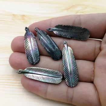 Natural New Wholesale Black Leaf Mother of Pearl Pendant Feather Shape Gemstone Shell pendants and charms for jewelry making