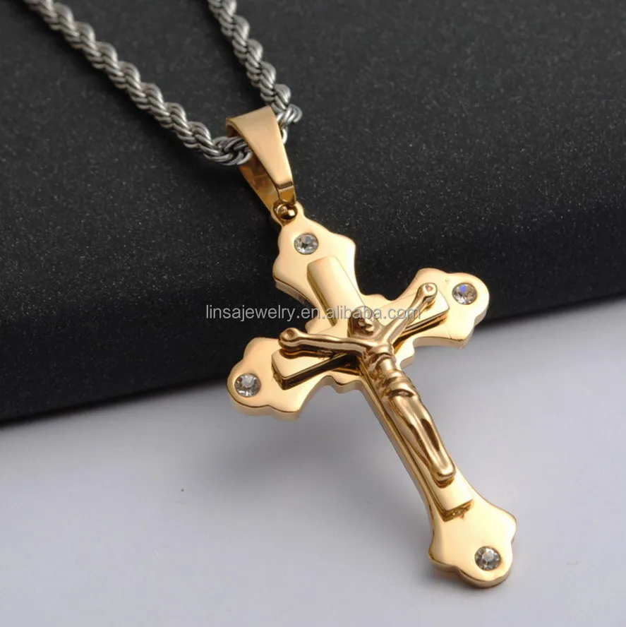 Stainless Steel Yellow Gold Plated INRI Jesus Piece Cross Pendant