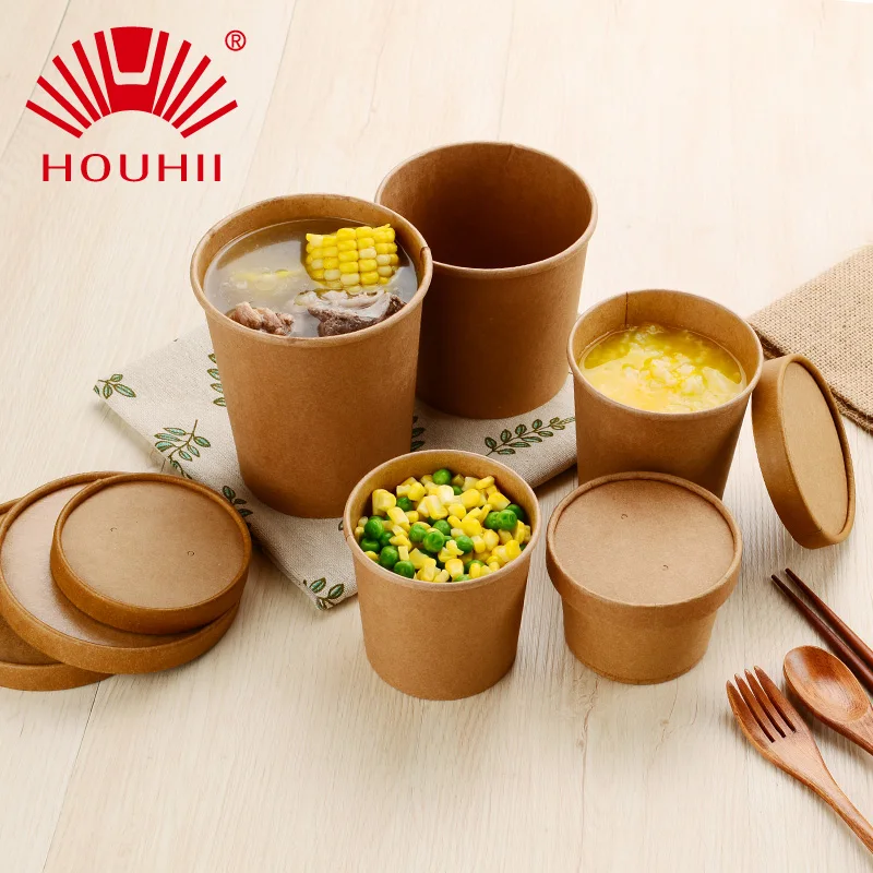 26oz 780ml Eco Friendly Brown Kraft Salad Paper Soup Bowl With Paper Lids