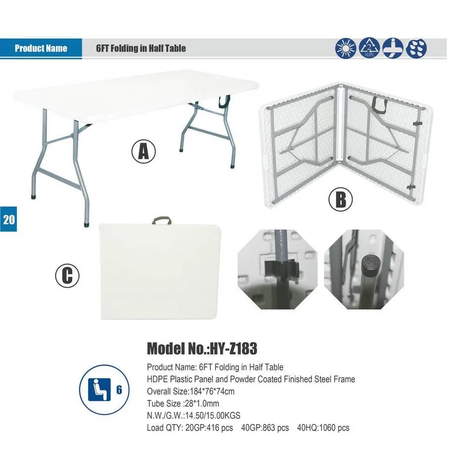 Z183 6ft Folding Double Plastic Table with Carry Case, Outdoor Portable Cheap Plastic Camping Picnic Table Made in China
